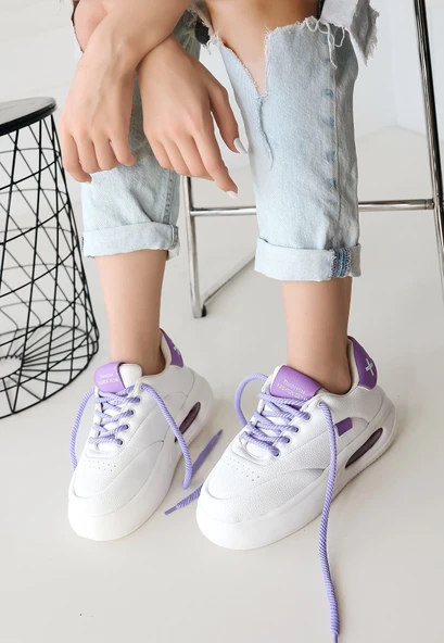 Chris Beyaz Cilt Lila Detaylı Bağcıklı Spor Ayakkabı - Resim 11