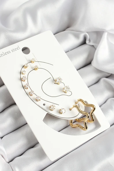 316L Çelik Yıldız Figürlü Ve Zirkon Taşlı Gold Renk 7'li Çift Kadın Küpe Set - TJ-BKP10640 ürün görseli