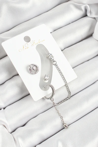 Pirinç Halka Figürlü Zirkon Taşlı Gümüş Renk 3'lü Kıkırdak Kadın Küpe Set - TJ-BKP10662 ürün görseli