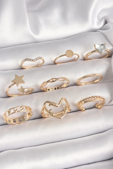 Pirinç Gold Renk Zirkon Taş Detaylı Kalp Yıldız Figür Kadın Yüzük Kombini - TJ-BYK3662 ürün görseli