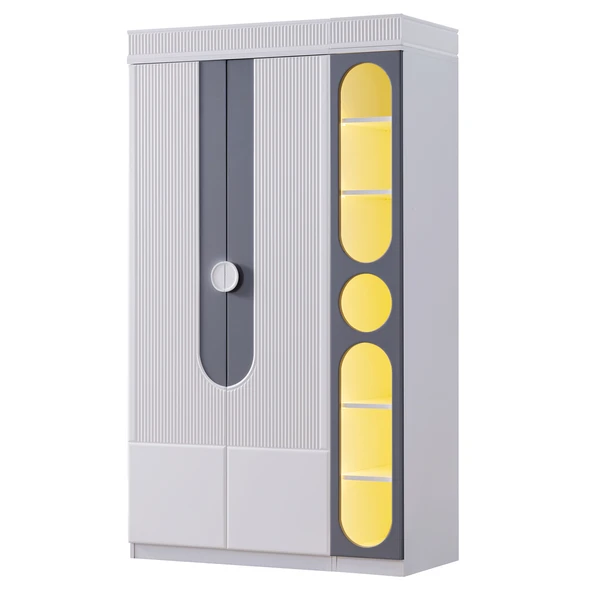 Flora Çocuk Odası Takımı, Flora Yavrulu Karyola, Vira 4 Kapaklı Dolap, Kitaplık - Gri - 3