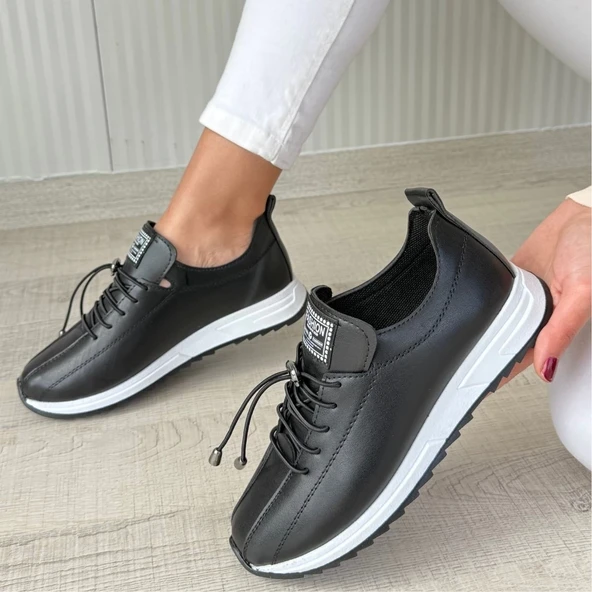 Monya Siyah Cilt Bağcıklı Spor Ayakkabı - Resim 8