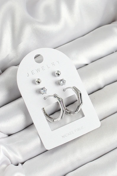 Pirinç Zirkon Taş Ve Kemik Halka Figürlü Gümüş Renk 3'lü Çift Kadın Küpe Set - TJ-BKP10648 ürün görseli