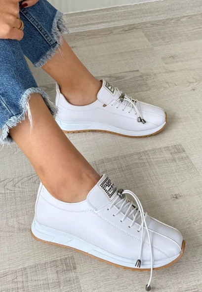 Monya Beyaz Cilt Bağcıklı Spor Ayakkabı - Resim 6