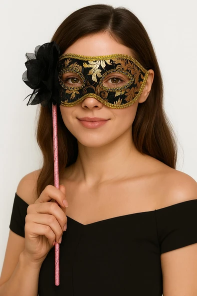 Lüks Taşlı Saplı Maskeli Balo Maskesi Siyah Renk 35 cm (5250) ürün görseli