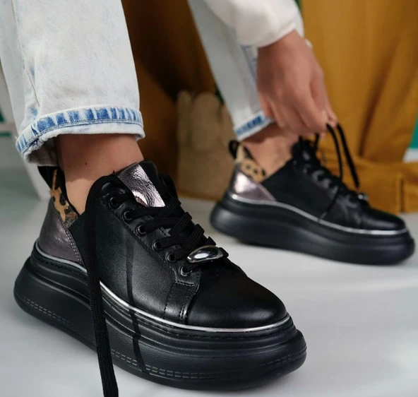 Jista Siyah Cilt Bağcıklı Spor Ayakkabı - Resim 8