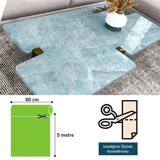 Mermer Desenli Masa Tezgah Mutfak Su Geçirmez Yapışkanlı Folyo Sticker Mavi 5x0,6m (5250) - 5