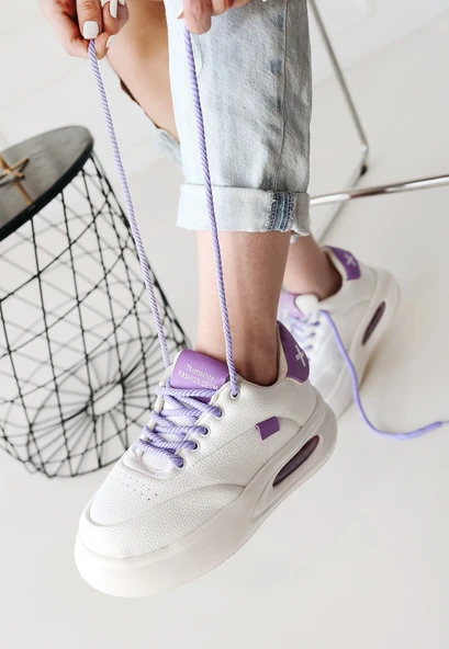 Chris Beyaz Cilt Lila Detaylı Bağcıklı Spor Ayakkabı - Resim 9