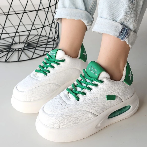 Chris Beyaz Cilt Yeşil Detaylı Bağcıklı Spor Ayakkabı - Resim 12