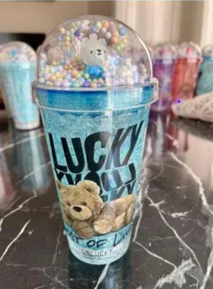 HEDİYELİK IŞIKLI BARDAK MATARA PİPETLİ ÇİFT KATMANLI MAVİ RENK