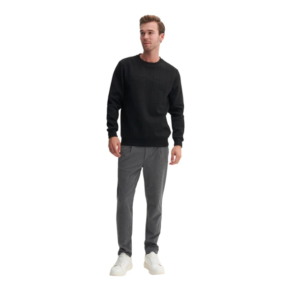 Regular Fit Kareli Kapitone Jakar Viskon Karışımlı Sweatshirt - Resim 4