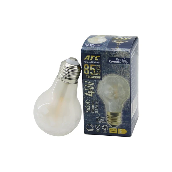 ATC-A60-SS VİNTAGE SOSOFT FİLAMENT 4W LED AMPUL LAMBA E27 KIRILMAZ PLASTİK CAM 400 LÜMEN 2200K 25.000 SAAT (5250)