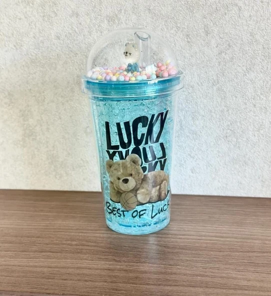 HEDİYELİK IŞIKLI BARDAK MATARA PİPETLİ ÇİFT KATMANLI MAVİ RENK - 3