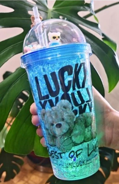 HEDİYELİK IŞIKLI BARDAK MATARA PİPETLİ ÇİFT KATMANLI MAVİ RENK - 2