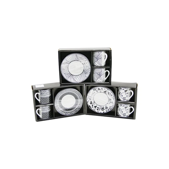 SİYAH - BEYAZ 4PCS=2-TAKIM  PORSELEN KAHVE FİNCANI  ÇİÇEK - ÇİZGİ - NOKTA MİX DESEN (5250)