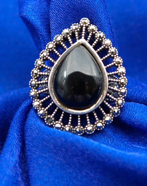 925 Ayar Kadın Gümüş Oltu Taşı Yüzük sy00048 - Resim 4