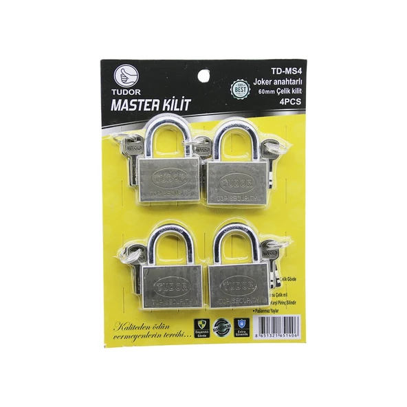 TUDOR TD-MS4 MASTER 4PCS JOKER ANAHTARLI=TEK ANAHTARLA 4 KİLİT AÇ  60MM - GRİ KISA KANCALI ÇELİK ASMA KİLİT (5250)