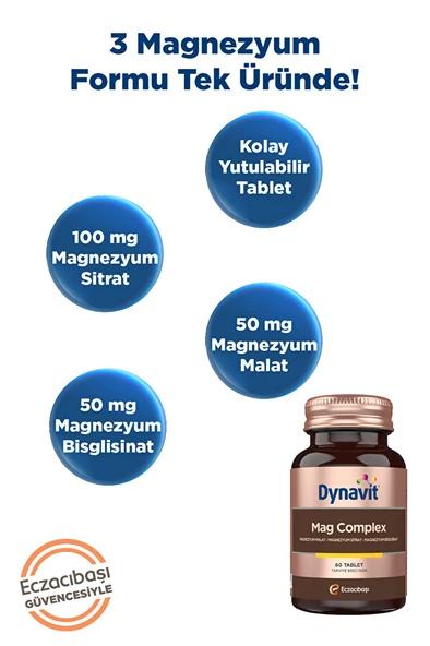 Dynavit Mag Complex 200mg Magnezyum Kompleks 3lü Form (Malat-Sitrat-Bisglisinat) 60 Tab - Magnesium Complex - Resim 2