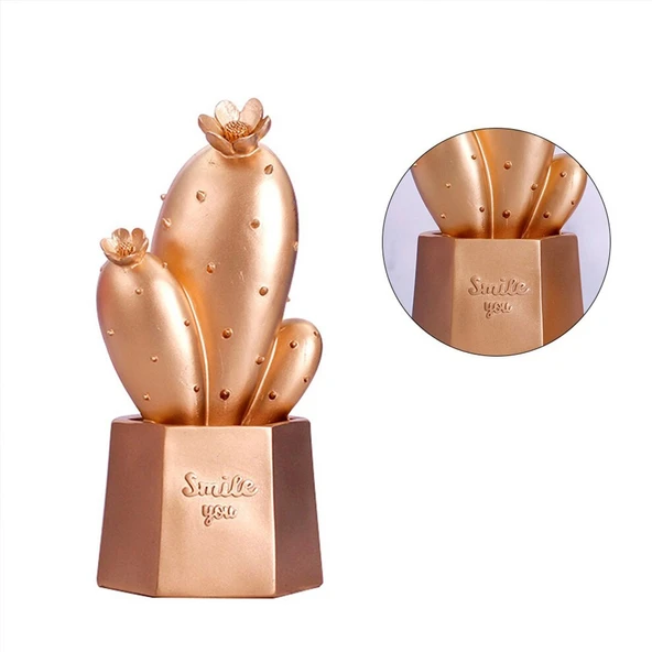 Led Işıklı Sevimli Kaktüs Dekoratif Masa Lambası Mini Biblo Gece Lambası Gold (5250) - 4