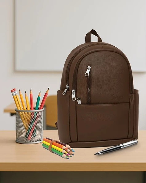 Yuga Suni Deri Dört Gözlü Sırt Çantası Kahverengi - Resim 7