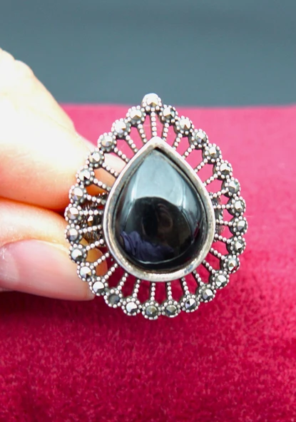 925 Ayar Kadın Gümüş Oltu Taşı Yüzük sy00048 - Resim 2