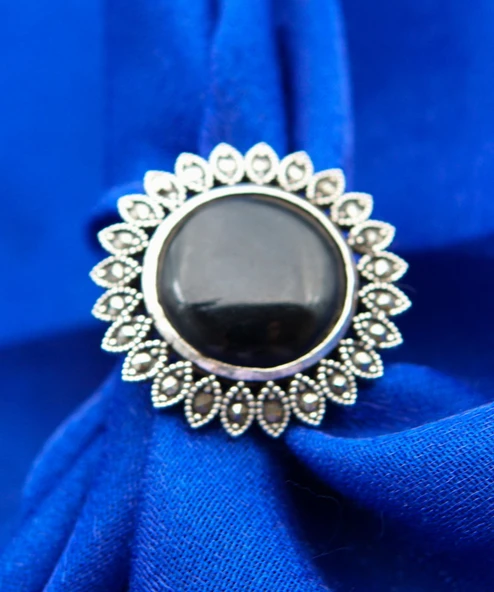 925 Ayar Kadın Gümüş Oltu Taşı Yüzük sy00047 - Resim 4