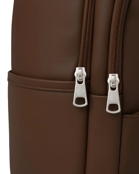 Yuga Suni Deri Dört Gözlü Sırt Çantası Kahverengi - Resim 5