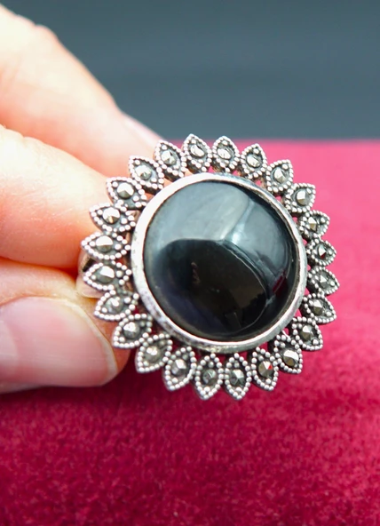 925 Ayar Kadın Gümüş Oltu Taşı Yüzük sy00047 ürün görseli 1