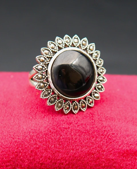 925 Ayar Kadın Gümüş Oltu Taşı Yüzük sy00047 - Resim 2