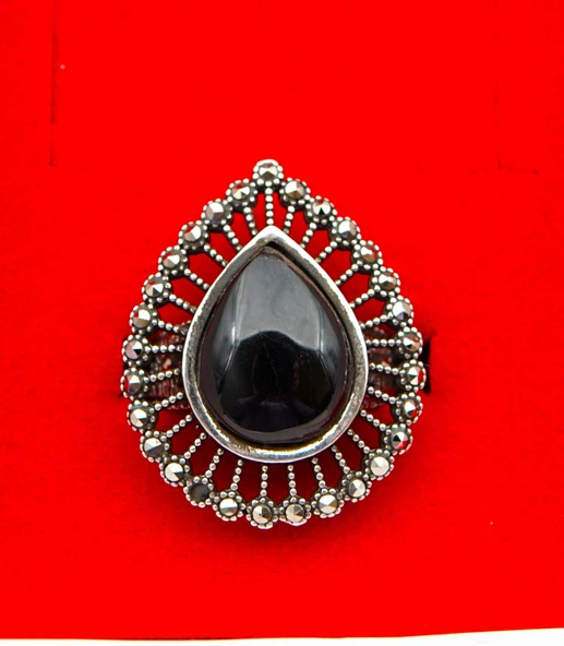 925 Ayar Kadın Gümüş Oltu Taşı Yüzük sy00048 - Resim 3