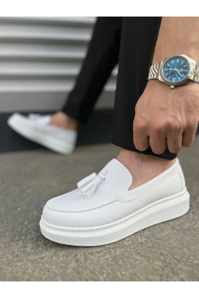 Joy Ayakkabı JY154 Blaze Bağcıksız Püsküllü Cilt Erkek Günlük Spor Klasik Ayakkabı CBT - Beyaz - Resim 3