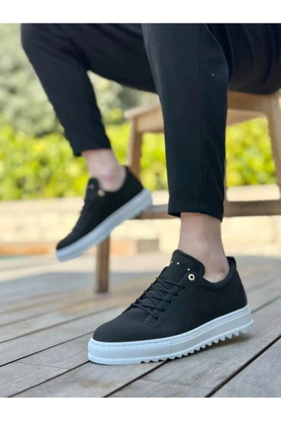 aradimtaradim BA0152 Bağcıklı Yüksek Taban Siyah Keten Erkek Ayakkabı - Resim 4