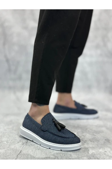 Arda Erkek AyakkabıBA0005 Bağcıksız Yüksek Taban Klasik Keten Lacivert Püsküllü Erkek Ayakkabı - Resim 3
