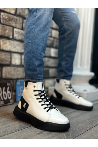 aradimtaradim BA0155 Bağcıklı Erkek Yüksek Taban Beyaz Siyah Taban Spor Bot ürün görseli