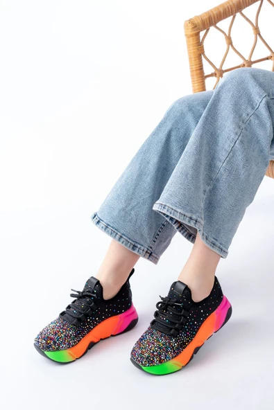 İnfon Ayakkabı Marketi Spor Ayakkabı RS-403 Siyah Bağcıklı Fileli Multi Taşlı Renkli Taban Günlük Kadın Spor - Resim 2
