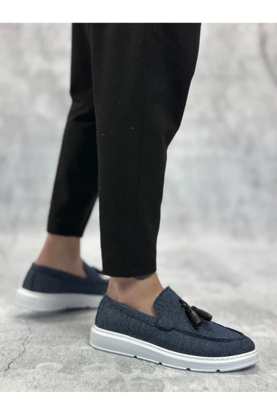 Arda Erkek AyakkabıBA0005 Bağcıksız Yüksek Taban Klasik Keten Lacivert Püsküllü Erkek Ayakkabı - Resim 2