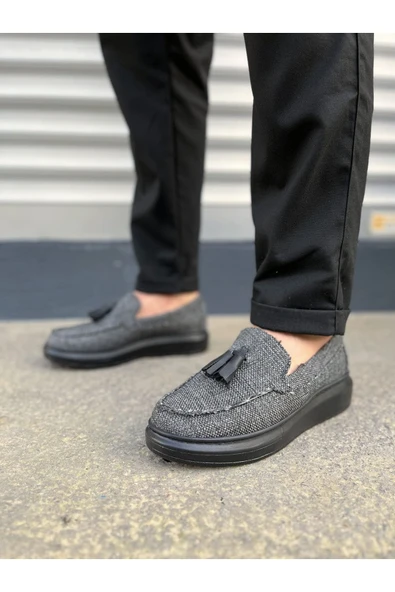 Joy Ayakkabı JY154 Blaze Bağcıksız Püsküllü Keten Erkek Günlük Spor Klasik Ayakkabı KST - Gri - Resim 2