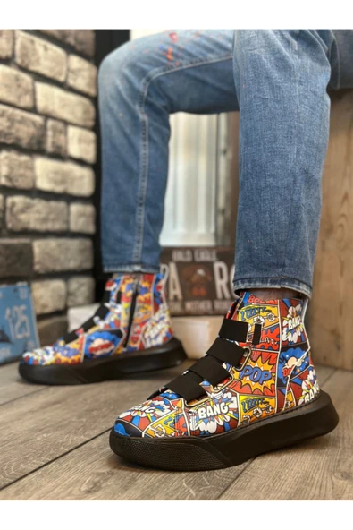 aradimtaradim BA0142 Bantlı Erkek Yüksek Taban Popart Model Spor Bot - Resim 2