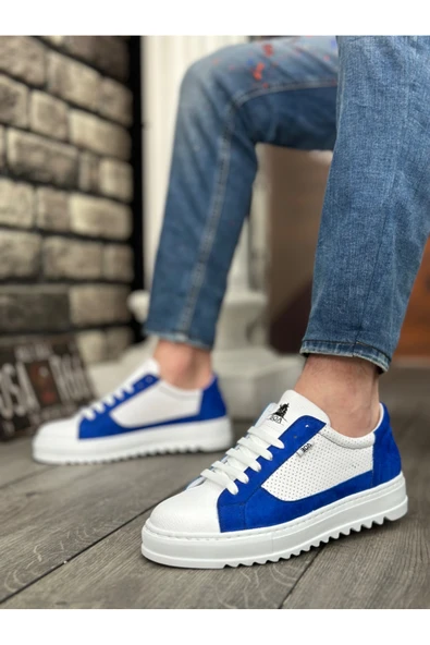 aradimtaradim BA0323 BOA Kalın Tırtık Yüksek Taban Beyaz Mavi Bağcıklı Spor Erkek Ayakkabı - Resim 2