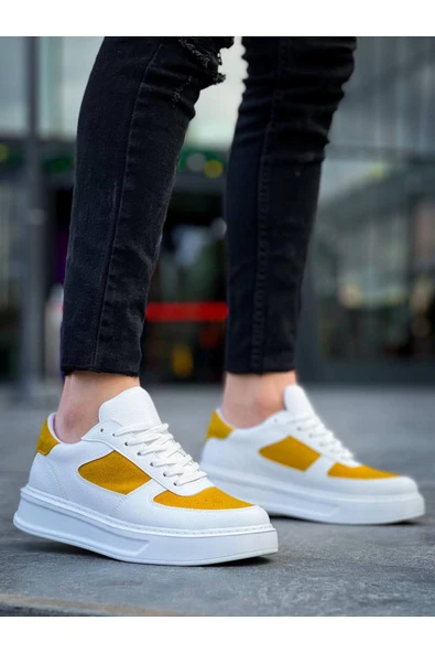 Arda Erkek AyakkabıKB-X8 Kuback Beyaz Cilt Sarı Süet Detaylı Beyaz Yüksek Taban Günlük Spor Ayakkabı - Resim 3