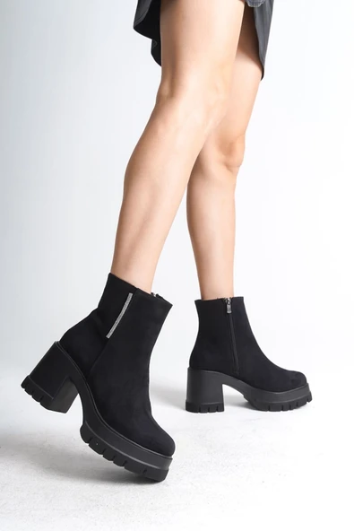 Joy Ayakkabı LISSE Fermuarlı Ortopedik Taban Kalın Topuklu Süet Kadın Bot SST - Siyah - Resim 3