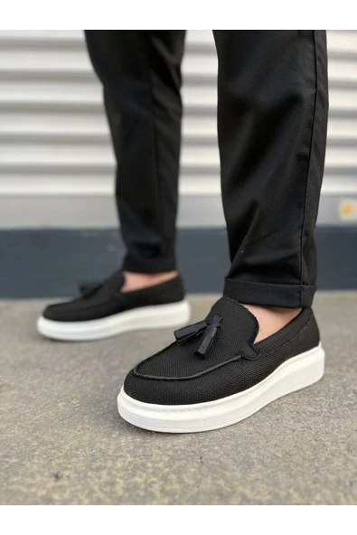 Joy Ayakkabı JY154 Blaze Bağcıksız Püsküllü Keten Erkek Günlük Spor Klasik Ayakkabı KBT - Siyah - Resim 2
