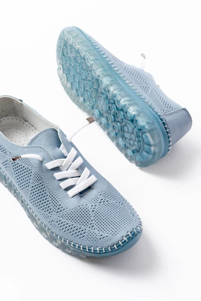 İnfon Ayakkabı Marketi Spor S-365 Mavi Desenli Hakiki Deri Şeffaf Taban Kadın Spor Ayakkabı - Resim 3