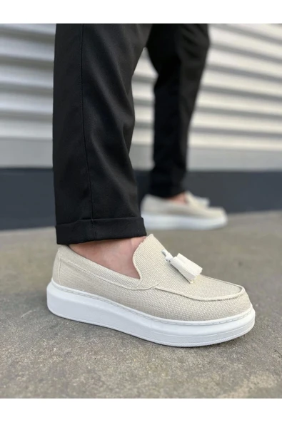 Joy Ayakkabı JY154 Blaze Bağcıksız Püsküllü Keten Erkek Günlük Spor Klasik Ayakkabı KBT - Beyaz ürün görseli 1