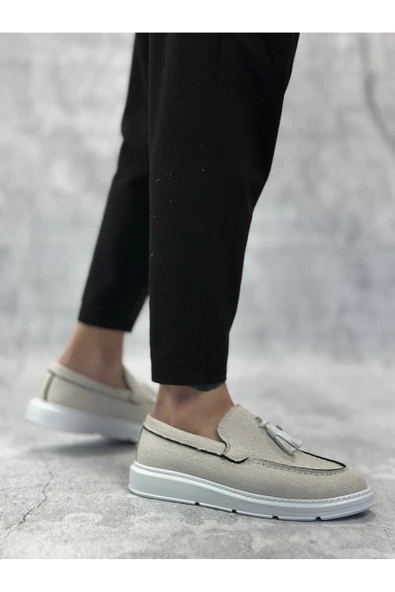 Arda Erkek AyakkabıBA0005 Bağcıksız Yüksek Taban Klasik Keten Beyaz Püsküllü Erkek Ayakkabı - Resim 3