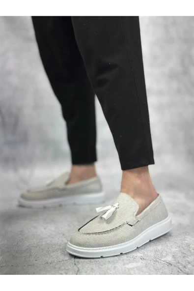 Arda Erkek AyakkabıBA0005 Bağcıksız Yüksek Taban Klasik Yeni Keten Gri Püsküllü Erkek Ayakkabı - Resim 3