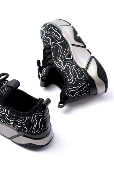 İnfon Ayakkabı Marketi Spor Ayakkabı RS-402 Siyah Bağcıklı Fileli Taşlı Platin Taban Günlük Kadın Spor - Resim 3