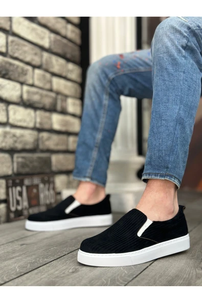COWBRAND BA0339 Bağcıksız Kadife Siyah Beyaz Taban Günlük Erkek Ayakkabı - Resim 2