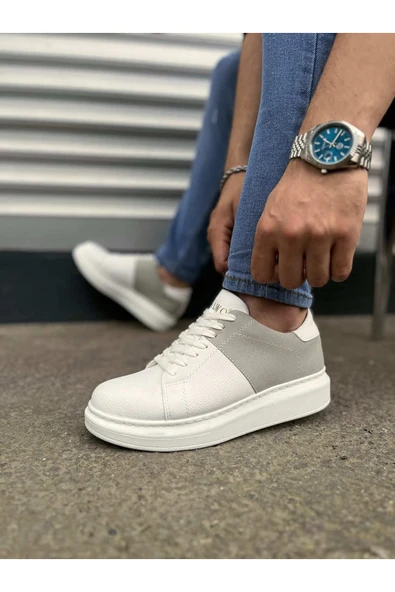 Joy Ayakkabı JY151 Boost Bağcıklı Cilt Süet Erkek Günlük Sneaker Ayakkabı CSBT - Beyaz/Gri - Resim 3