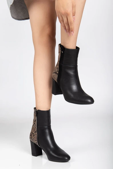 İnfon Ayakkabı Marketi bot 292 Siyah Leopar Desen Detaylı Fermuarlı Yüksek Topuklu Günlük Kadın Bot ürün görseli